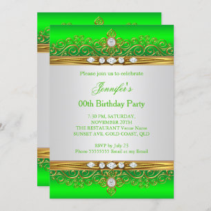 Lime Green Gold White Diamond Birthday Party Invitation