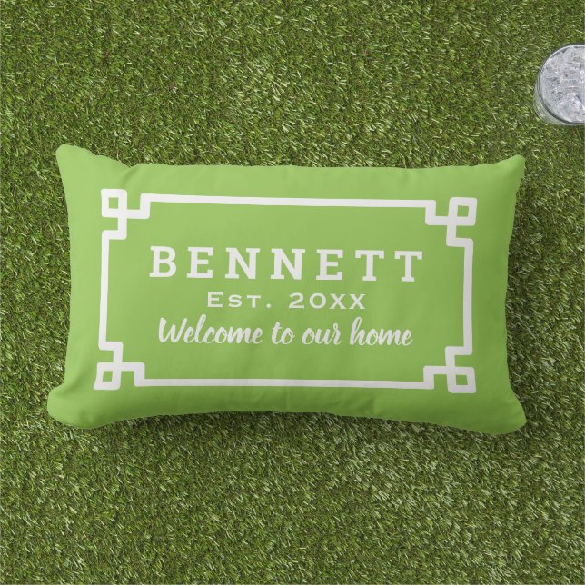 Lime Green Greek Key Monogram Welcome Lumbar Cushion (Grass)