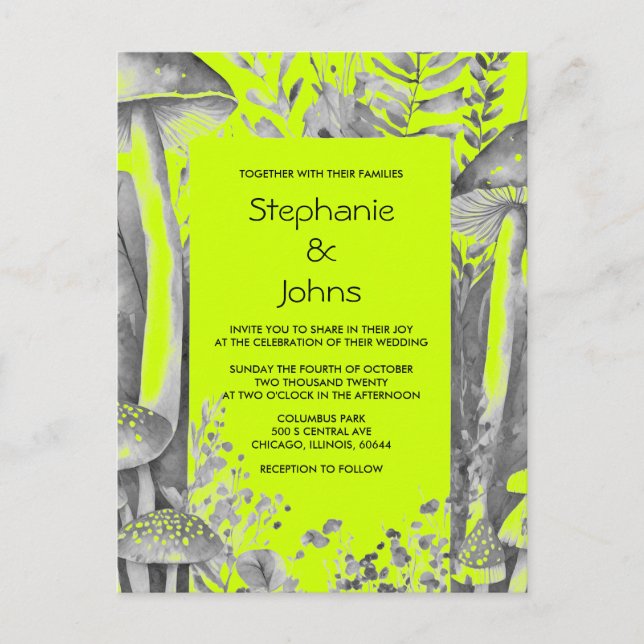 Lime Green Grey Black Woodland Mushroom Wedding Invitation Postcard (Front)
