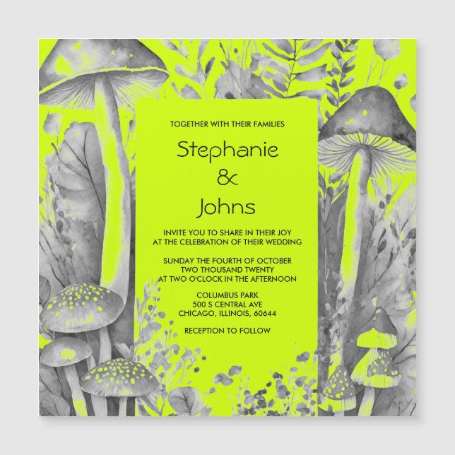 Lime Green Grey Black Woodland Mushroom Wedding Magnetic Invitation (Front)