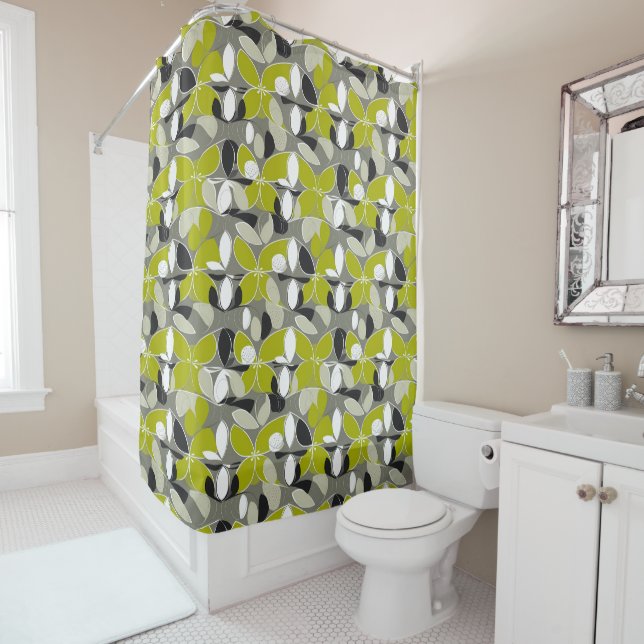 Lime Green Grey mid-Century Modern Print Shower Curtain (In Situ)