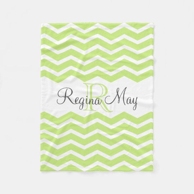 Lime Green Grey Monogram Name Keepsake Chevron Fleece Blanket (Front)