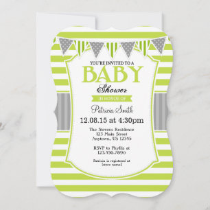Lime Green Grey Stripes Baby Shower Invitation