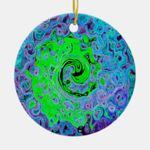 Lime Green Groovy Abstract Retro Liquid Swirl Ceramic Ornament