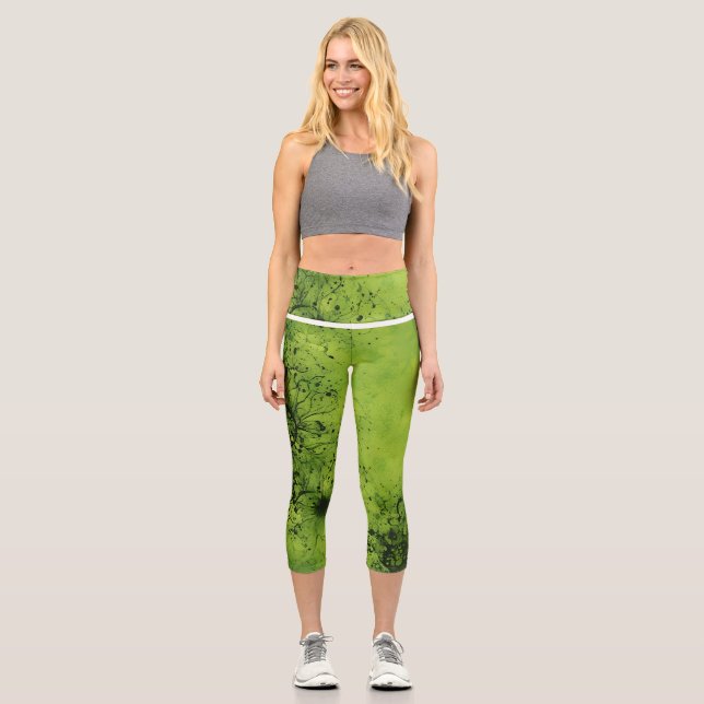 Lime Green Grunge with Black Accents Capri Leggings (Front)