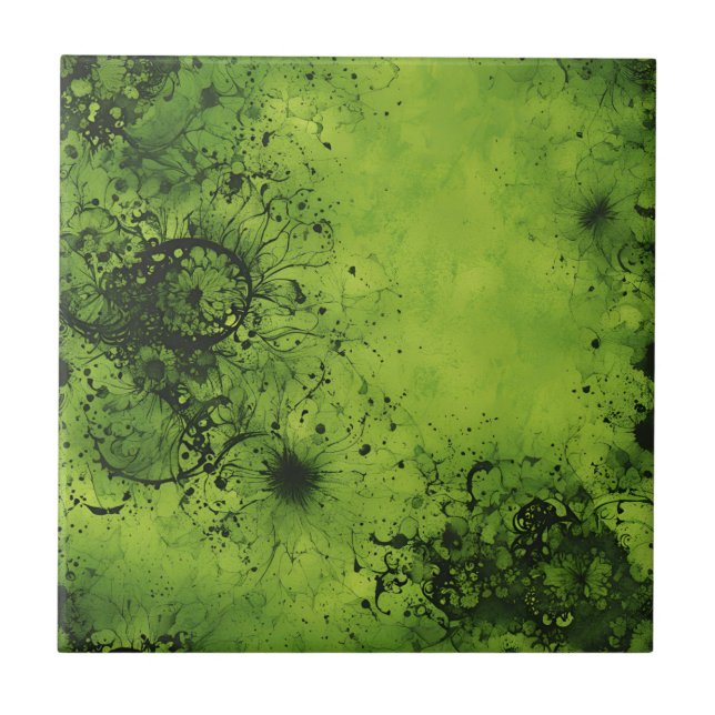 Lime Green Grunge with Black Accents Ceramic Tile (Front)