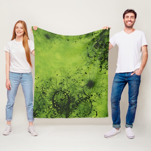 Lime Green Grunge with Black Accents Fleece Blanket (In Situ)