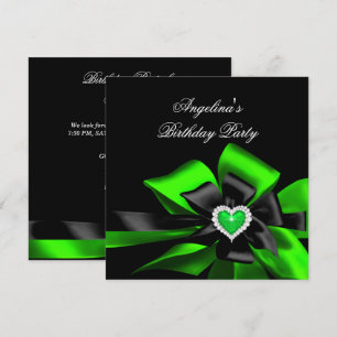 Lime Green Heart Black Bow Image Birthday Party Invitation