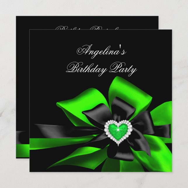 Lime Green Heart Black Bow Image Birthday Party Invitation (Front/Back)