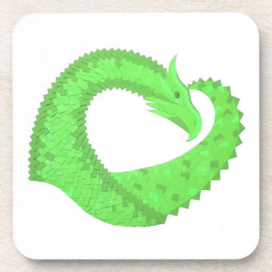 Lime green heart dragon on white coaster