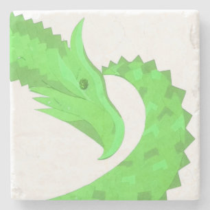 Lime green heart dragon on white stone coaster