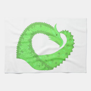 Lime green heart dragon on white tea towel