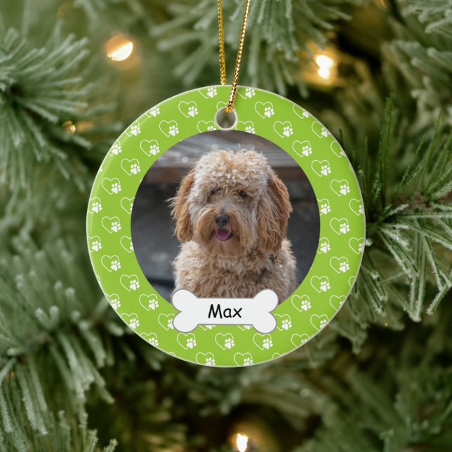 Lime Green Hearts Paws Custom Pet Puppy Dog Photo Ceramic Ornament (Tree)