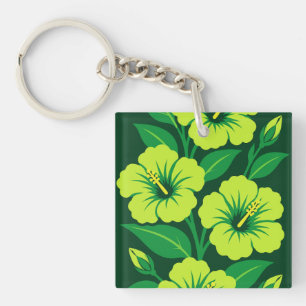 Lime Green Hibiscus Flowers with Green Leaves Key Ring