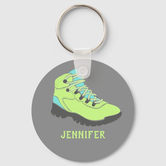Lime Green Hiking Boot Personalised Grey Key Ring (Front)