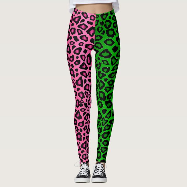 Lime Green - Hot Pink Leopard Animal  Leggings (Front)