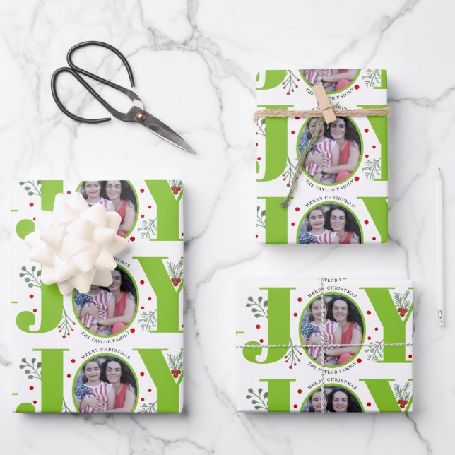 Lime green Joy and berries Christmas holiday photo Wrapping Paper Sheet (Front)