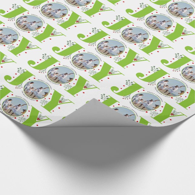 Lime green JOY Merry Christmas holiday photo Wrapping Paper (Corner)