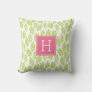 Lime Green Leaves and Pink Monogram Cushion