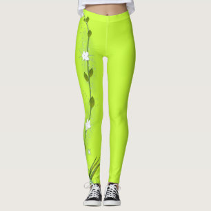 Lime Green Leggings with Vining Flower on One Leg