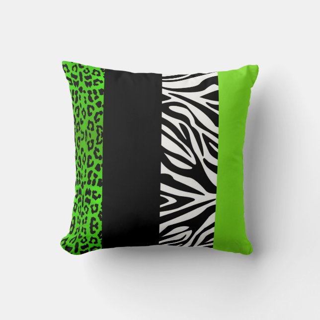 Lime Green Leopard and Zebra Animal Print Cushion (Front)