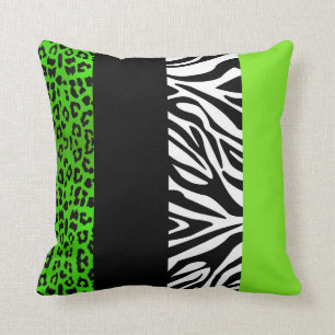 Lime Green Leopard and Zebra Animal Print Cushion