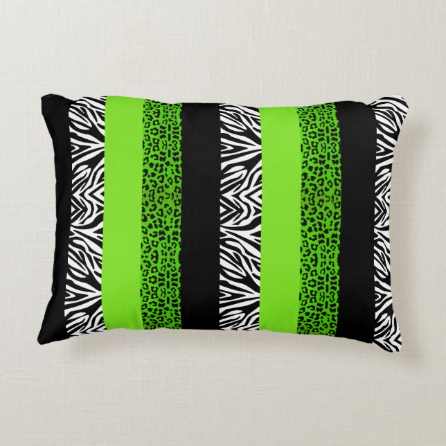 Lime Green Leopard and Zebra Animal Print Decorative Cushion (Back)