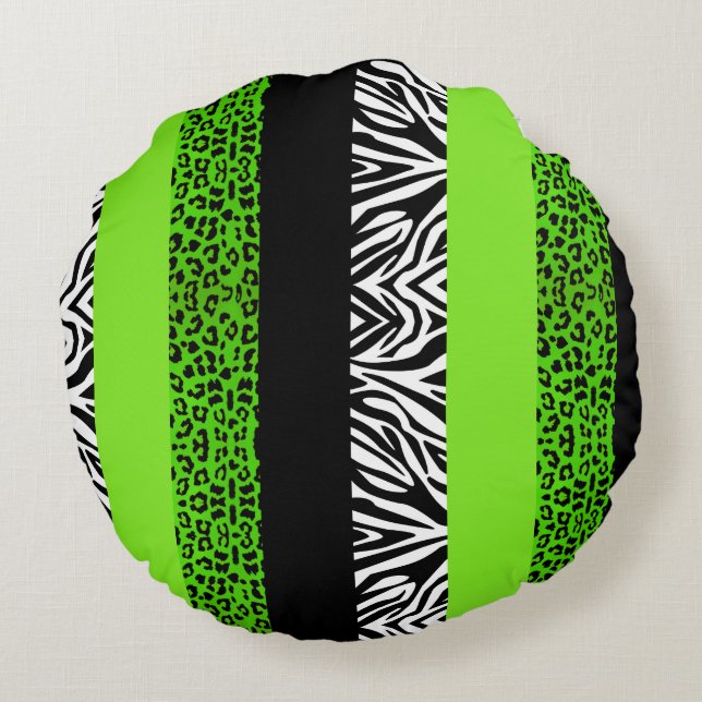 Lime Green Leopard and Zebra Animal Print Round Cushion (Back)