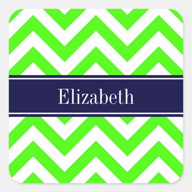 Lime Green LG Chevron Navy Blue Name Monogram Square Sticker (Front)