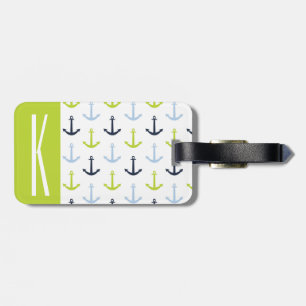 Lime Green, Light Blue, Navy, Nautical Anchors Luggage Tag