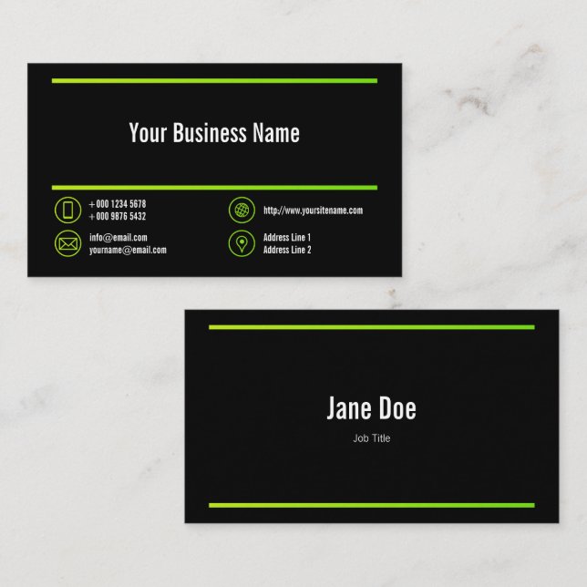Lime Green Lines Corporate Chartreuse Icons Black Business Card (Front/Back)