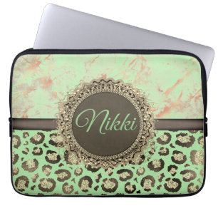 Lime Green Marble Glittery Leopard        Laptop Sleeve