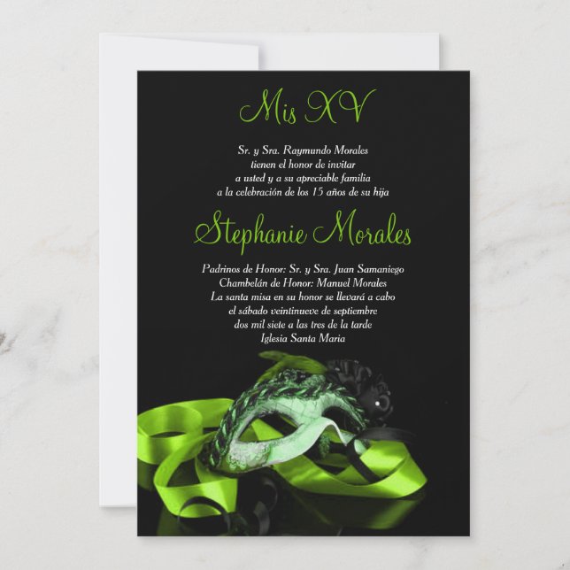 Lime Green Masquerade Quinceanera Invitation (Front)