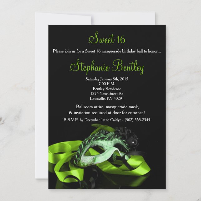 Lime Green Masquerade Sweet 16 Birthday Invitation (Front)