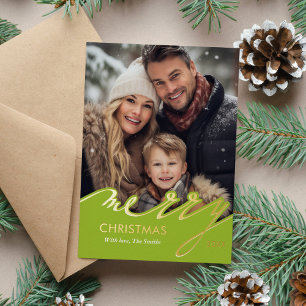 Lime Green Merry Christmas Script Photo Foil Holiday Card