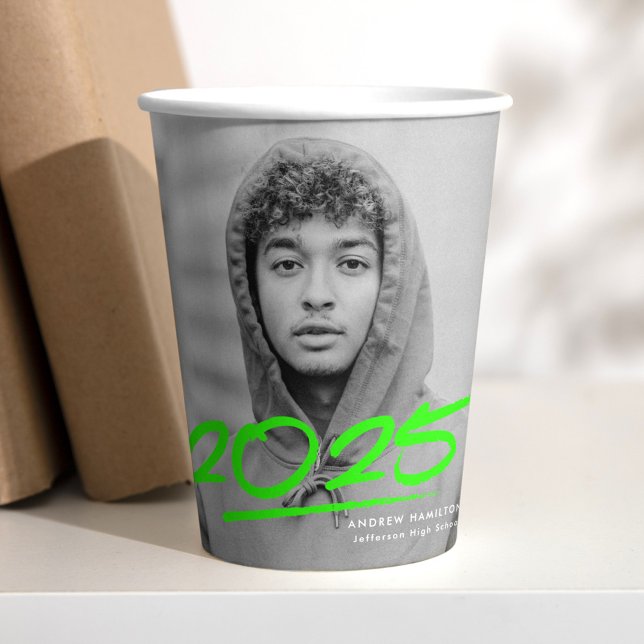 Lime Green Modern Dashed 2022 Photo Graduation Paper Cups (Creator Uploaded)