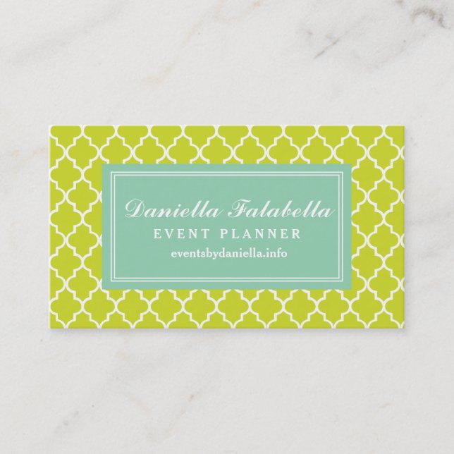 Lime Green Moroccan Tiles Lattice Personalised Business Card (Front)