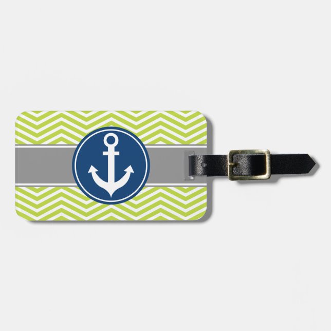 Lime Green Nautical Anchor Chevron Luggage Tag (Front Horizontal)