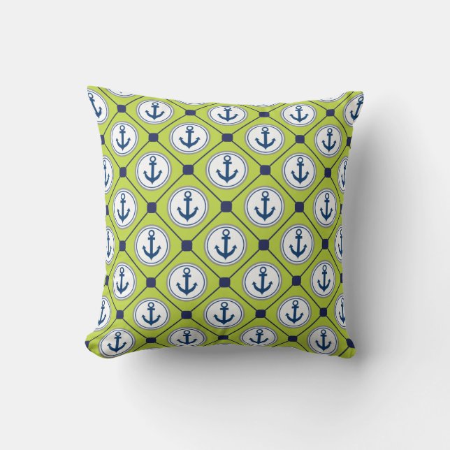 Lime Green Nautical Anchor Pattern Cushion (Front)