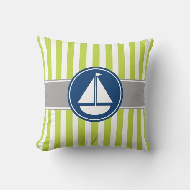 Lime Green Nautical Sailboat Stripes Cushion (Front)