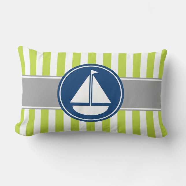 Lime Green Nautical Sailboat Stripes Lumbar Cushion (Front)