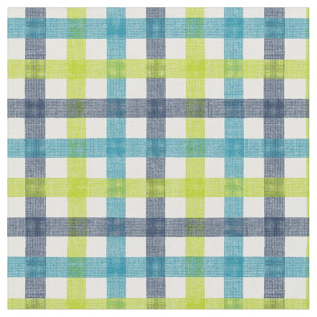 Lime Green, Navy and Turquoise Blue Plaid Fabric (Close Up)
