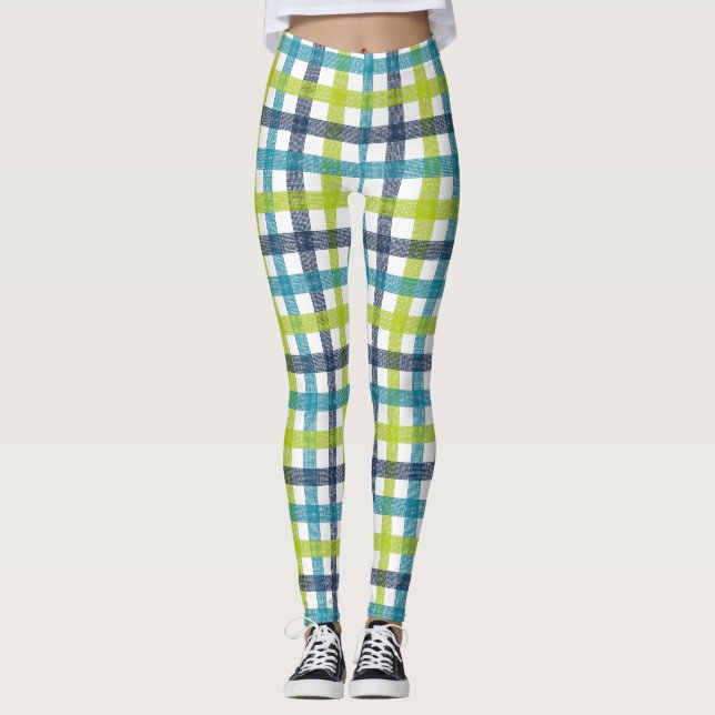 Lime Green, Navy and Turquoise Blue Plaid Leggings (Front)