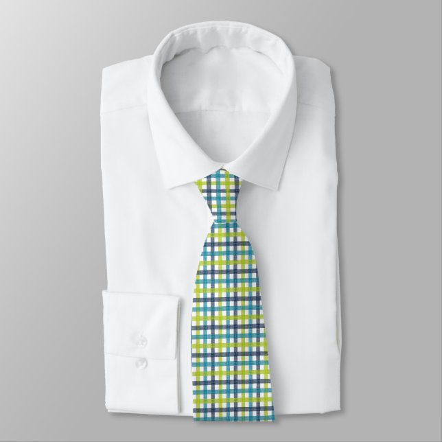 Lime Green, Navy and Turquoise Blue Plaid Tie (Tied)