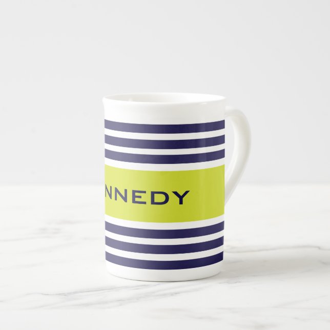 Lime Green & Navy Blue Stripes Custom Monogram Bone China Mug (Front Right)