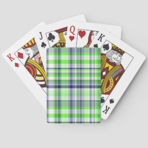 Lime Green, Navy Blue, White Preppy Madras Plaid Playing Cards