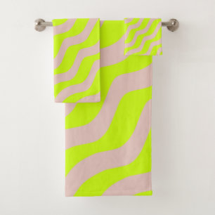 Lime Green Neon And Beige Abstract Stripes Bath Towel Set