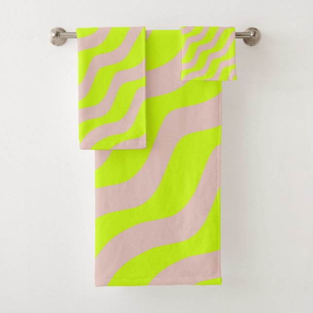 Lime Green Neon And Beige Abstract Stripes Bath Towel Set (Insitu)