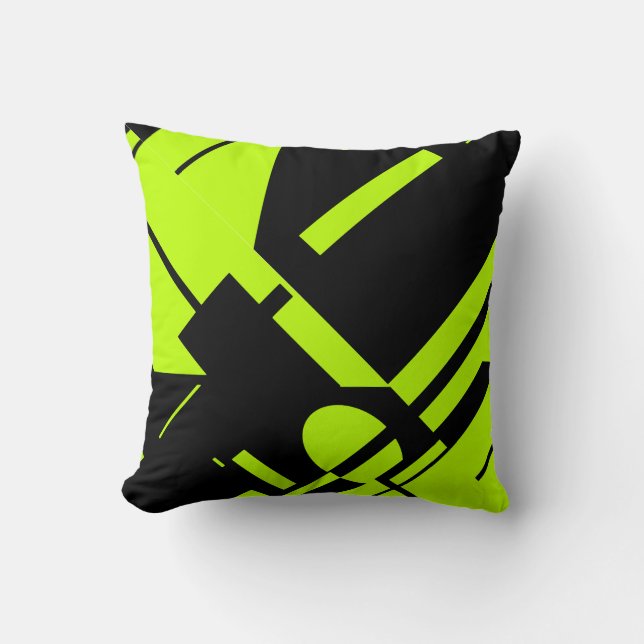 Lime Green on Black Bold Geometric Abstract Design Cushion (Front)