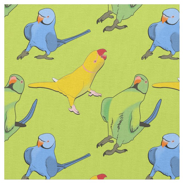 Lime Green Parrot Playful Indian Ringneck Pattern Fabric (Close Up)